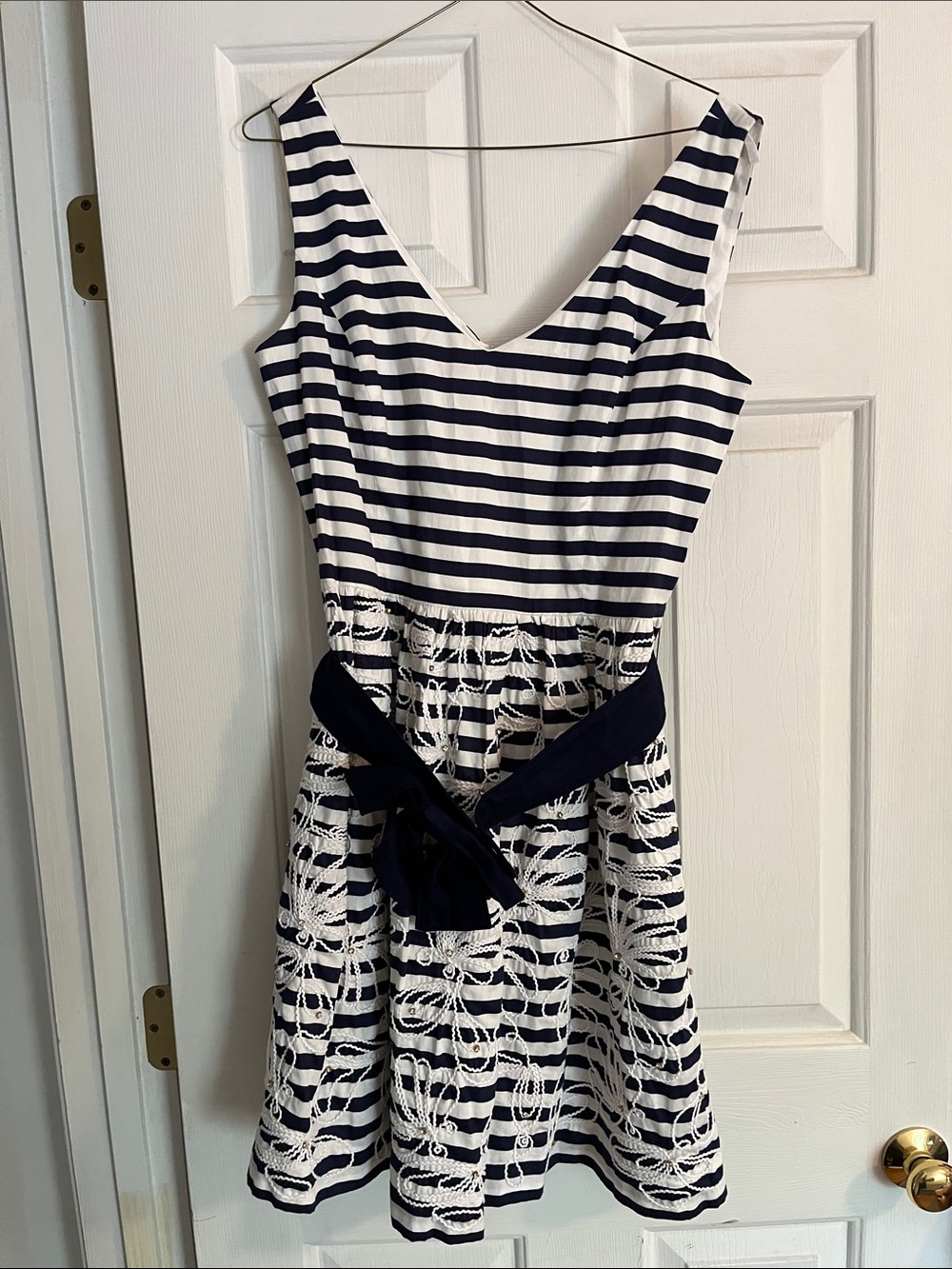 Lilly Pulitzer Navy and White Striped Lace Overlay Fit-and-Flare Dress